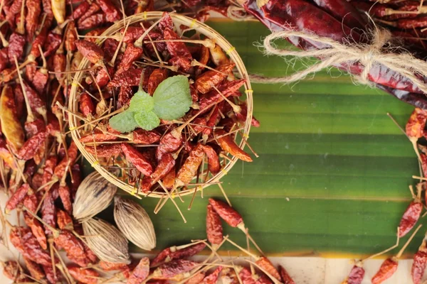 Chiles rojos secos sobre fondo de madera —  Fotos de Stock