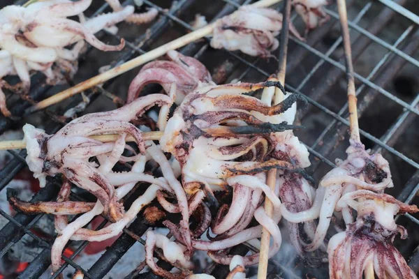 Squid wooden skewer on the grill tasty. — Stock Photo, Image