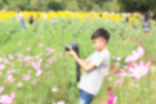 Niño borroso fue fotografiado con flores del cosmos . —  Fotos de Stock