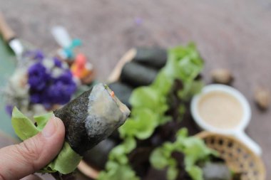 Taze sebze salatası rulo deniz yosunu ve sos ile