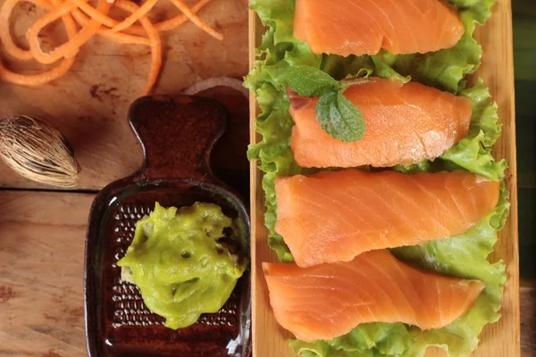Salmon raw sashimi with wasabi , Japanese food style — Stock Photo, Image