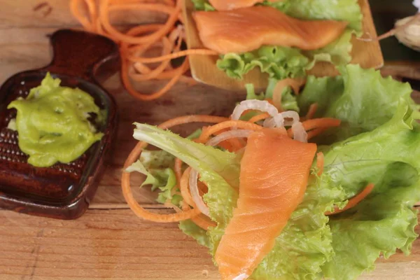 Salmon raw sashimi with wasabi , Japanese food style — Stock Photo, Image