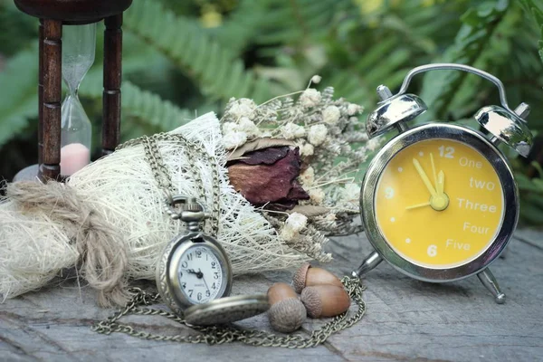 Relógio de bolso antigo e ampulheta com flores secas . Imagem De Stock