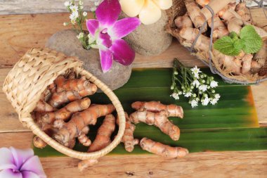 Zerdeçal kök ahşap arka plan üzerinde zerdeçal tozu ile