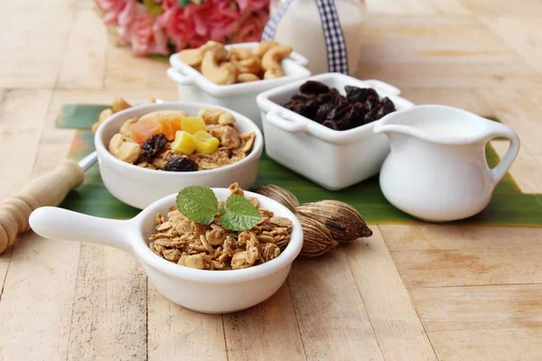 Granola cereal mix for health with milk — Stock Photo, Image