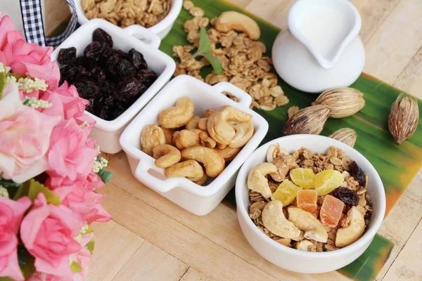 Granola cereal mix for health with milk — Stock Photo, Image