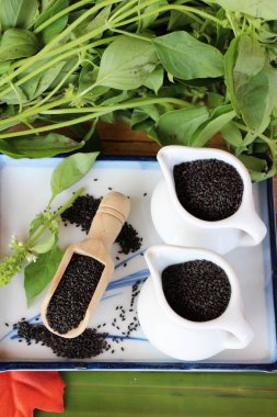 Sağlık ve fesleğen yaprakları için ham fesleğen tohumu