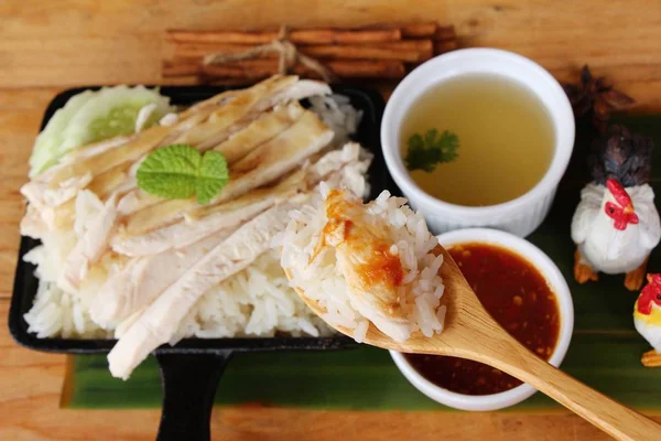 Rice steamed with chicken and soup delicious — Stock Photo, Image
