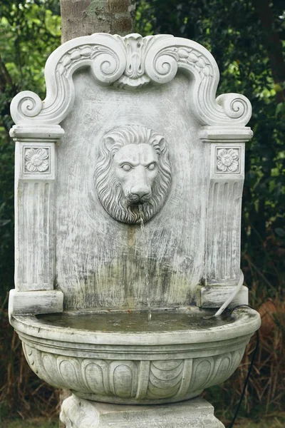 Lion statue spitting water vintage style in garden — Stock Photo, Image