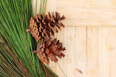 Çam kozalakları ve ahşap arka plan üstünde not etmek