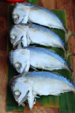 Ahşap arka plan üzerinde lezzetli haşlanmış uskumru balığı