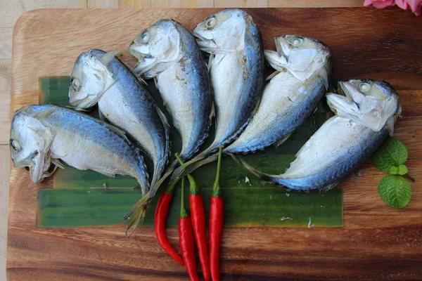 Mackerel fish steamed delicious on wood background — Stock Photo, Image