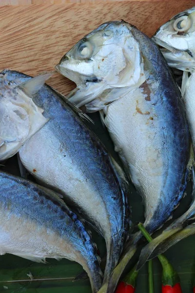 Makrele Fisch gedünstet köstlich auf Holz Hintergrund — Stockfoto