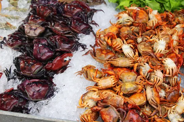 カニの屋台の食べ物の調理の氷の上 — ストック写真