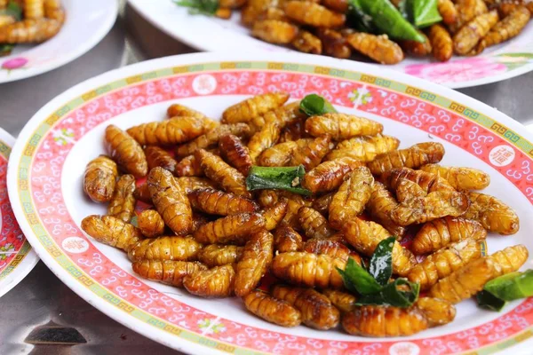 Fried ipek solucanlar sokak gıda lezzetli