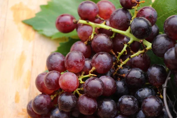 Ahşap arka plan üzerinde lezzetli taze meyve üzüm
