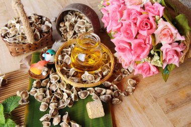 Arka plan ağaç Moringa oleifera petrol ve tohumlar üzerinde