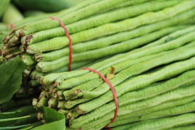 Belgili tanımlık çarşı içinde yemek pişirmek için uzun fasulye