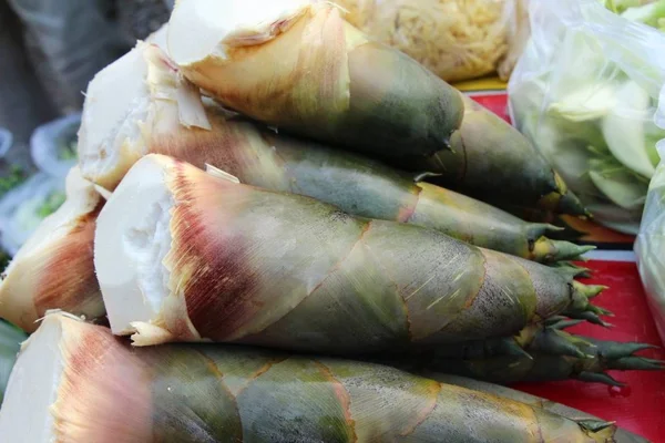 Tatlı bambu markette yemek pişirmek için ateş — Stok fotoğraf