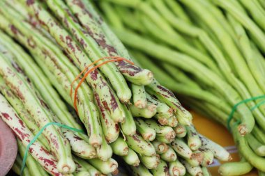 Belgili tanımlık çarşı içinde yemek pişirmek için uzun fasulye