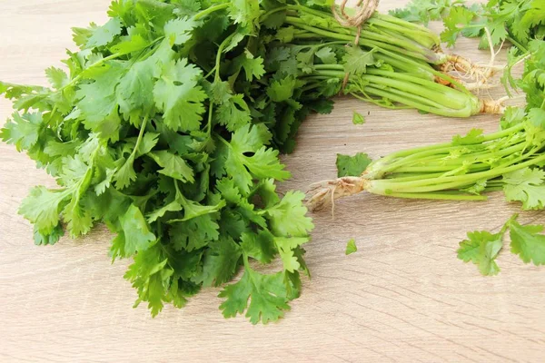 Ahşap arka plan üzerinde yemek için taze kişniş