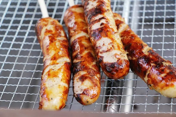 Roasted sausage with mustard ,tomato sauce delicious — Stock Photo, Image