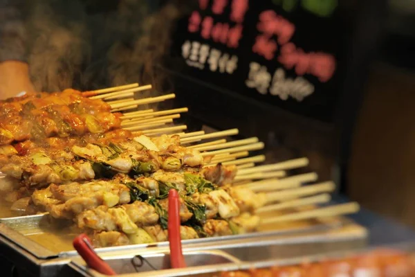 Korean traditional street food , mix sausage skewers — Stock Photo, Image