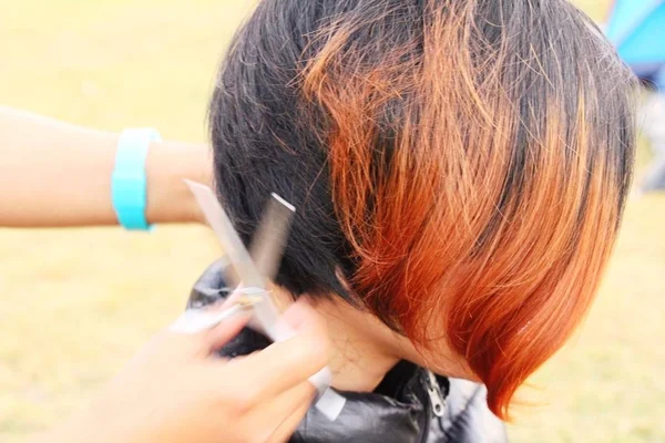Salone di capelli, Parrucchiere taglio capelli una donna — Foto Stock