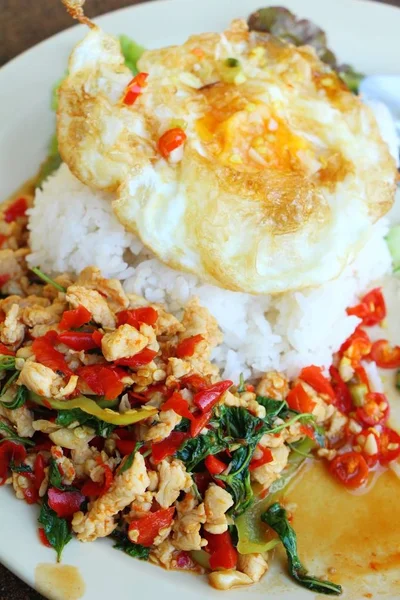 Τηγανητό ρύζι με βασιλικό κότα και το αυγό τηγανητό — Φωτογραφία Αρχείου