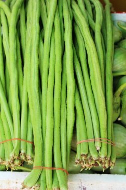 Belgili tanımlık çarşı içinde yemek pişirmek için uzun fasulye