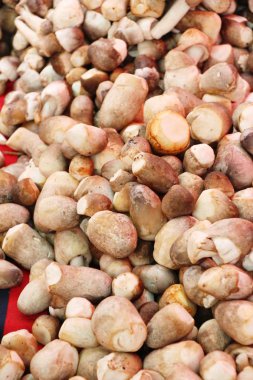 Belgili tanımlık çarşı içinde yemek pişirmek için taze mantar