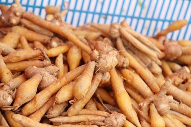 Belgili tanımlık çarşı içinde yemek pişirmek için zencefil kökü