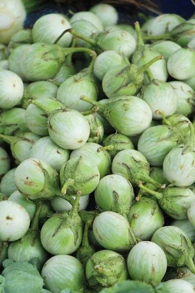 Verse aubergine groen organische op straat eten — Stockfoto