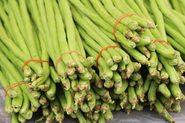 Belgili tanımlık çarşı içinde yemek pişirmek için uzun fasulye