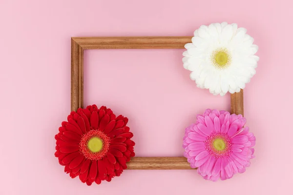 Wooden frame with red, pink, white gerbera flowers on pastel pink background, copy space. Spring greeting card. Valentines day, Wedding day, birthday, Womens day, Mothers day postcard concept. — Stockfoto