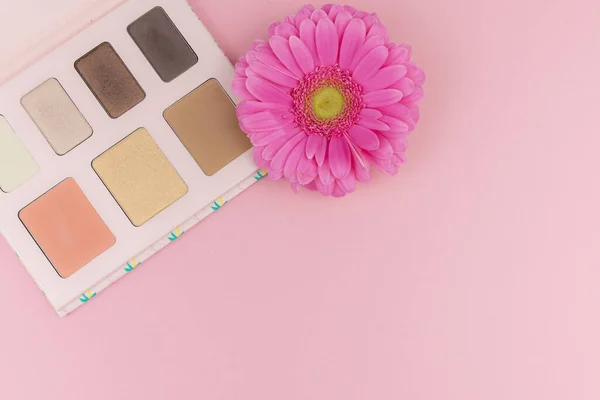 Pembe arka planda pembe gerbera çiçeğiyle çok renkli kozmetik makyaj malzemesi paleti. Pastel renk paleti, minimalizm, pastel pembe arka plan. Güzellik konsepti. Düz yatıyordu. Boşluğu Kopyala