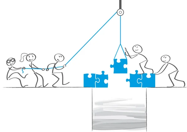 Trabalho em equipe - Empresários colaboram e constroem uma ponte — Vetor de Stock