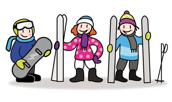 Children with skier and snowboard. Skiing and snowboarding illustration — Stock Vector