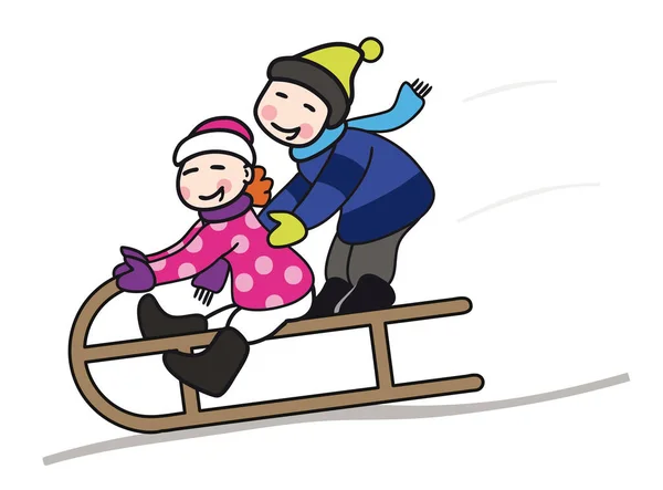 Mutlu Erkek Kız Çocuklar Kızağa Birlikte Kış Havada Oturma Yokuş — Stok Vektör