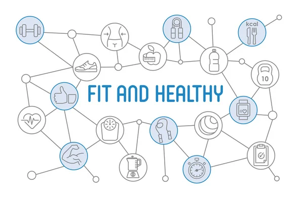 Fit and Healthy lifestyle banner. Diagramă de design cu icoane subțiri — Vector de stoc