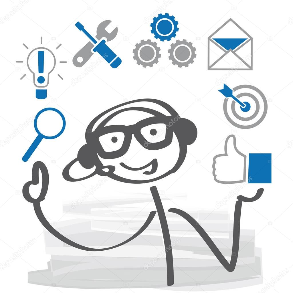 Stick figure,  person with headphones and icons. Customer suppor