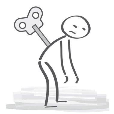 Stick figure with a wind-up key on his back standing on white ba clipart
