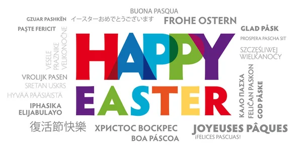 Biglietto di auguri pasqua felice multilingue con lettere colorate — Vettoriale Stock