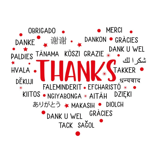"Obrigado "texto multilingue - cartão postal de cor branca e vermelha — Vetor de Stock