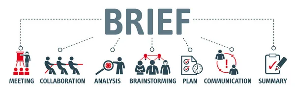 Kort. Briefing Vector Concept met pictogrammen en trefwoorden — Stockvector