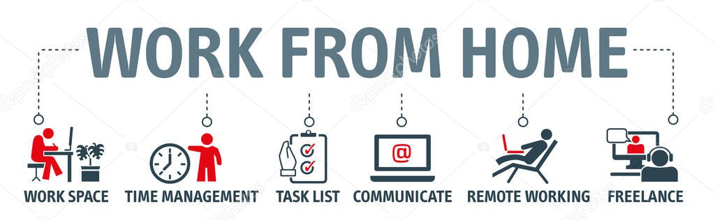 Working at home, coworking space, concept vector illustration. Working from home and remoteworking vector illustration with icons and keywords