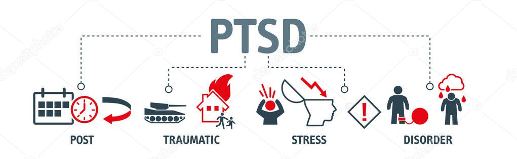 PTSD concept infographic with vector icons. Posttraumatic stress disorder is a mental disorder that can develop after a person is exposed to a traumatic event