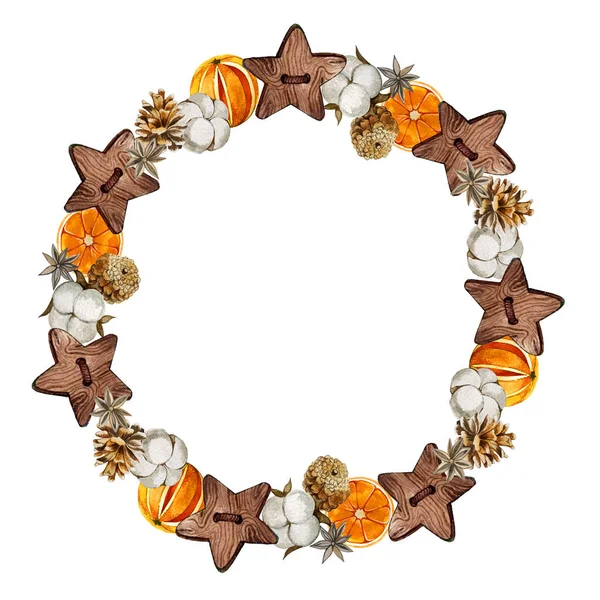 Akwarela Boże Narodzenie wieniec pomarańczowy i drewniane gwiazdy. — Zdjęcie stockowe