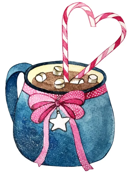 Watercolor illustration.cocoa with marshmallow. — Stock Photo, Image