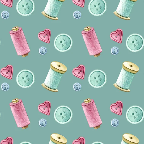 Seamless watercolor pattern. needle, buttons — Stock Photo, Image